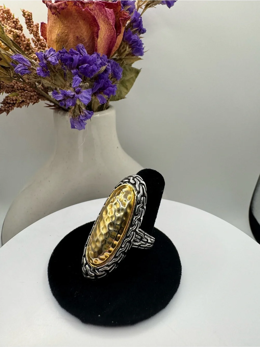 Two-Tone Hammered Oval Statement Ring with Byzantine Chain Pattern (Size 9)